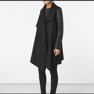 All Saints Hyde Monument Coat Black Wool Coat w/ Leather Sleeves 00